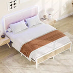 Struttura letto in rattan con testiera illuminata a LED, struttura letto in canna in stile bohémien con supporto a doghe in acciaio resistente, nessun bisogno di rete, bianca