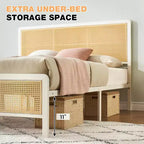 Struttura letto in rattan con testiera illuminata a LED, struttura letto in canna in stile bohémien con supporto a doghe in acciaio resistente, nessun bisogno di rete, bianca