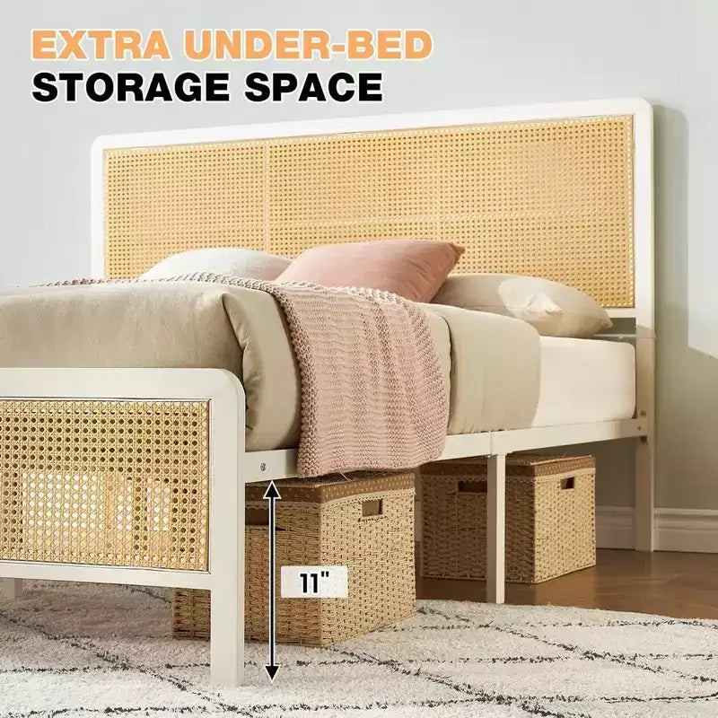 Struttura letto in rattan con testiera illuminata a LED, struttura letto in canna in stile bohémien con supporto a doghe in acciaio resistente, nessun bisogno di rete, bianca