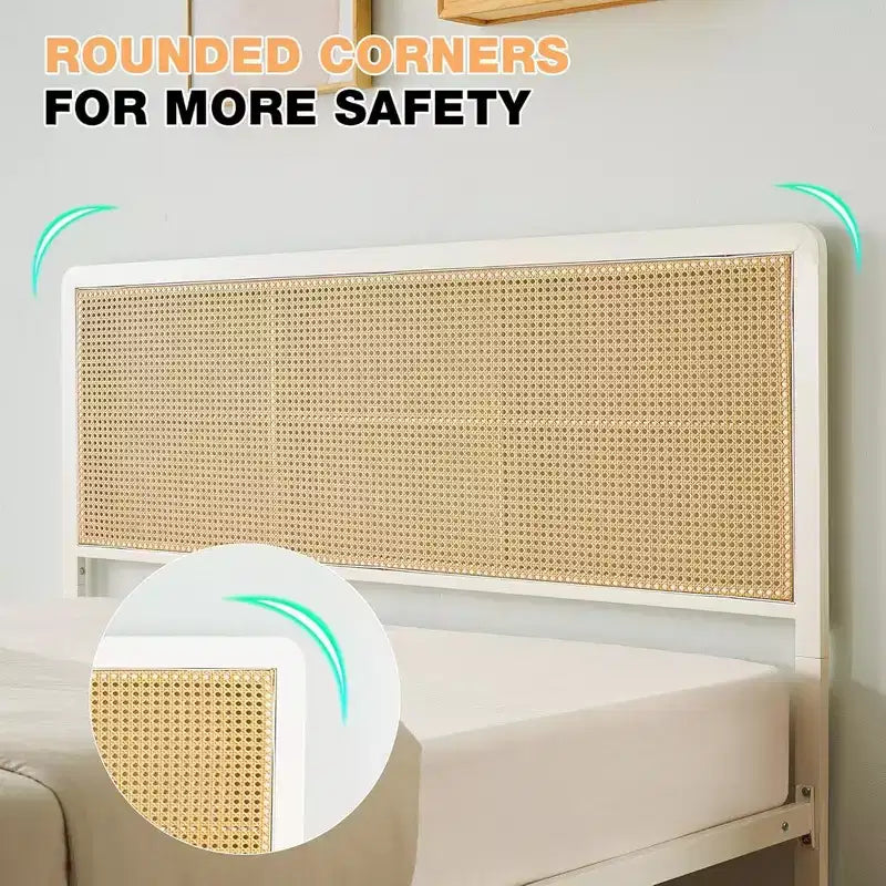 Struttura letto in rattan con testiera illuminata a LED, struttura letto in canna in stile bohémien con supporto a doghe in acciaio resistente, nessun bisogno di rete, bianca