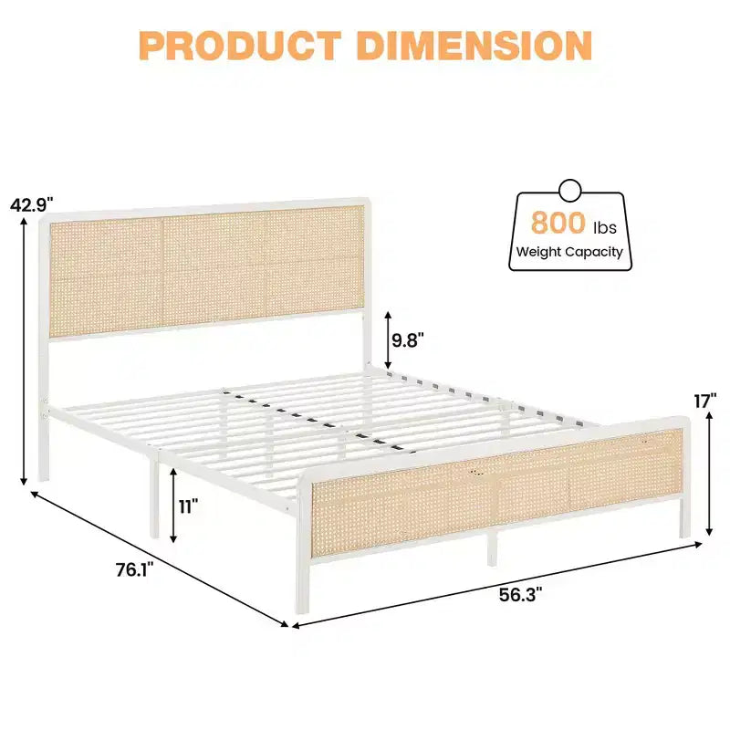 Struttura letto in rattan con testiera illuminata a LED, struttura letto in canna in stile bohémien con supporto a doghe in acciaio resistente, nessun bisogno di rete, bianca
